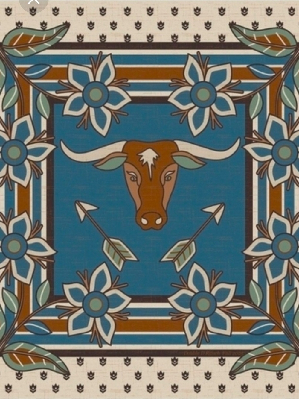 Double D Ranch Turquoise and Brown Longhorn Floral Silk Scarf